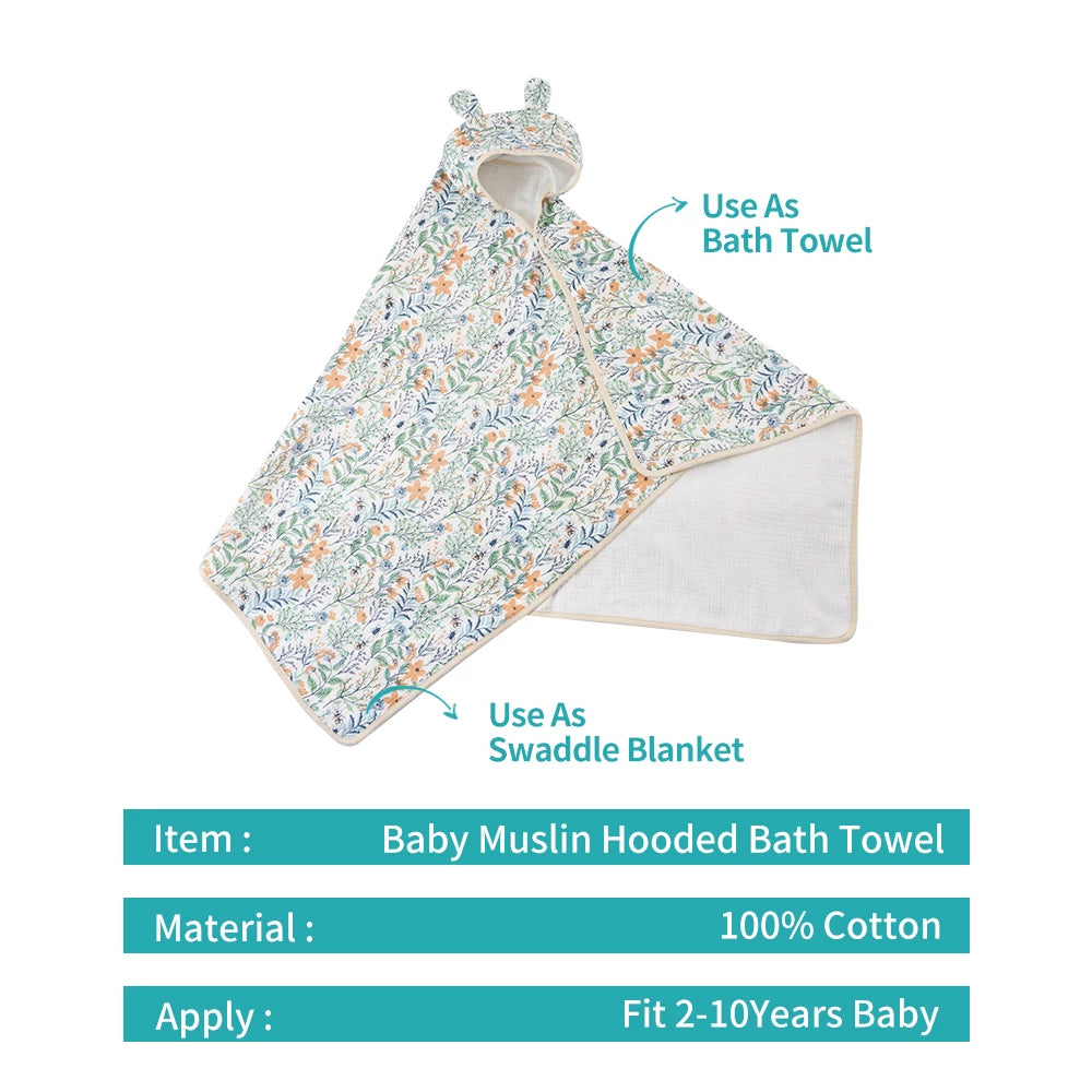 Luxurious 100% cotton muslin hooded kids towel